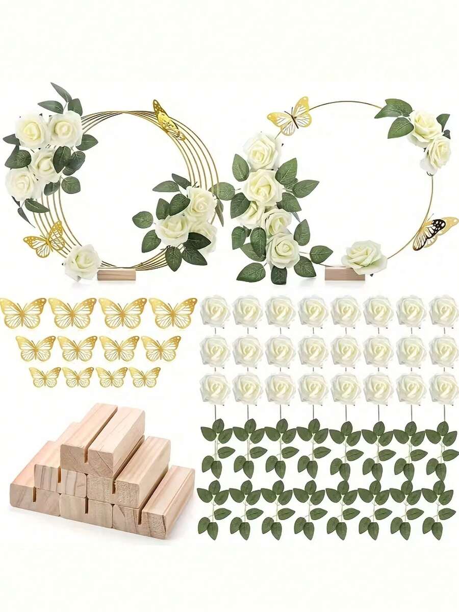 12pcs Wedding Floral Wreath Decoration Kit, Includes Metal Wreath, Wooden Base, Roses, And Artificial Butterflies (Random Design), Suitable For Wedding Tabletop Decorations, Wedding Setups, Party Floral Arrangements, DIY Decorations - One Size Fits All - View 1