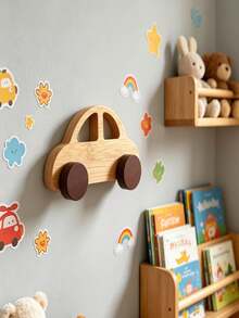1pc Wooden Car Model Wall Hanging Hook Rack, Entryway Closet Fixed Hole Hook, Suitable For Bedroom And Living Room - Multicolor - View 6