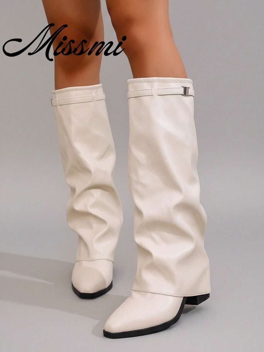2025 Autumn/Winter New Wrinkled Pointed Toe Thick Heel Over-The-Knee Boots For Women, Slimming, Multi-Color,Cowboy Boots - White - View 1