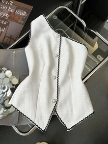 Blusa de hombro oblicuo versátil y de moda para uso casual y de oficina, con textura de tweed gruesa, cinta de onda y contraste de color, nueva llegada de otoño 2025 para mujer - Albaricoque - Ver 1