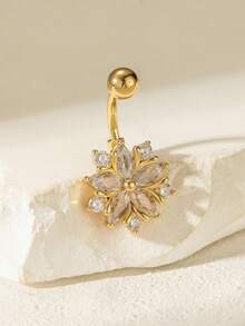 1pc Copper Silver-Plated Exquisite Shiny Flower Cubic Zirconia Belly Ring, Perfect For Women's Party And Gathering Decoration - Yellow Gold - View 1