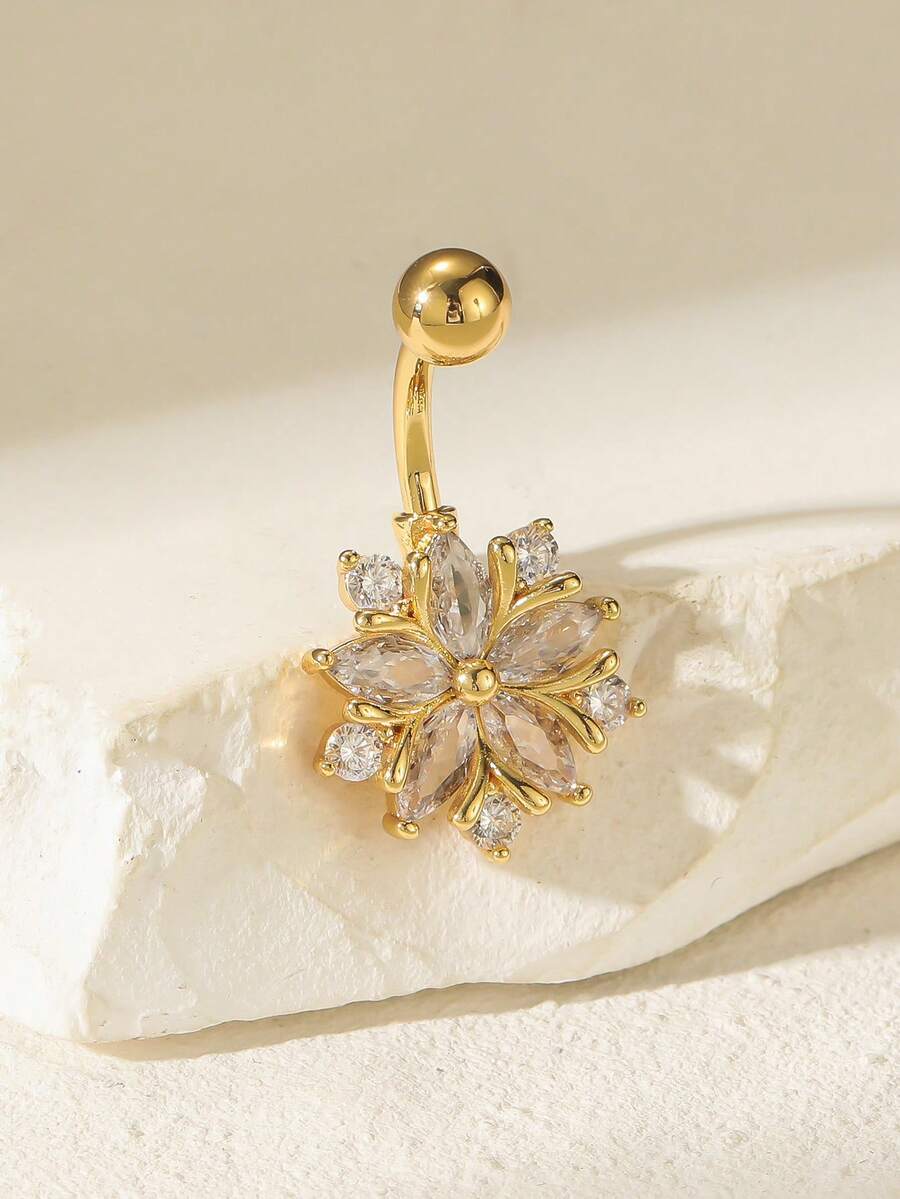 1pc Copper Silver-Plated Exquisite Shiny Flower Cubic Zirconia Belly Ring, Perfect For Women's Party And Gathering Decoration - Yellow Gold - View 1