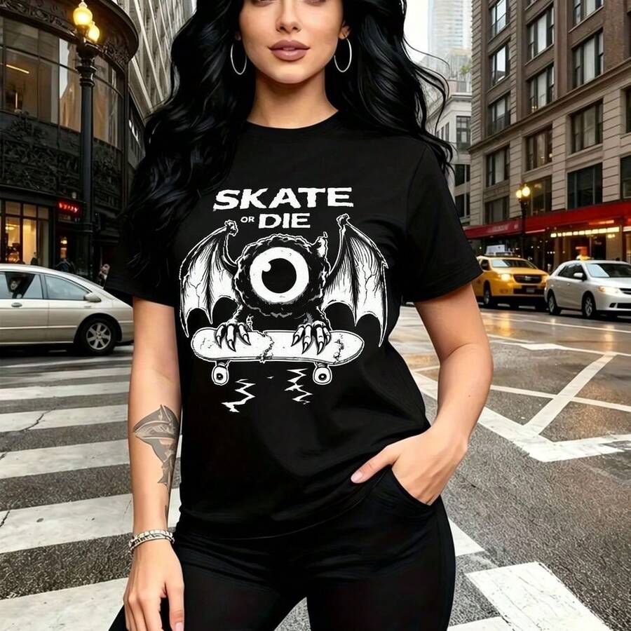Camiseta de mujer con estampado gráfico "SKATE OR DIE" y ojo alado sobre monopatín - diseño urbano alternativo con letras blancas impactantes, ajuste cómodo para uso diario, estilo rebelde y moderno - ideal para paseos por la ciudad, salidas con amig - Negro - Ver 1