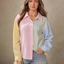 WNS  Blusa estilo BOHO de otoño con estampado campestre en rosa, amarillo mantequilla y azul, camisa casual con botones para mujer, blusa a rayas para mujer para uso diario con contraste de rayas, camisa de manga larga con cremallera, tops con estilo preppy, blusa casual a rayas para negocios, ropa western para mujer, camisa a rayas, moda de vuelta al colegio, blusas abotonadas casuales para mujer en Navidad - Rosa - Ver 4