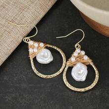 Bohemian Gold Wire Wrapped Pearl Drop Earrings, Fashion Earrings For Holiday And Daily Wear - Gold - View 8
