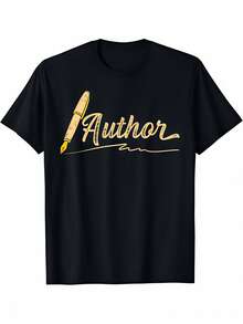 Unisex Cotton T-Shirt |     'Stationery'-Design With Pen Graphic |     Casual Round Neckline, Short Sleeves |     All-Year-Round Comfort Fit |     Machine Washable &  For Chemical Cleaning |     Ideal For Book Lovers & Writers - 黑色 - 查看 1
