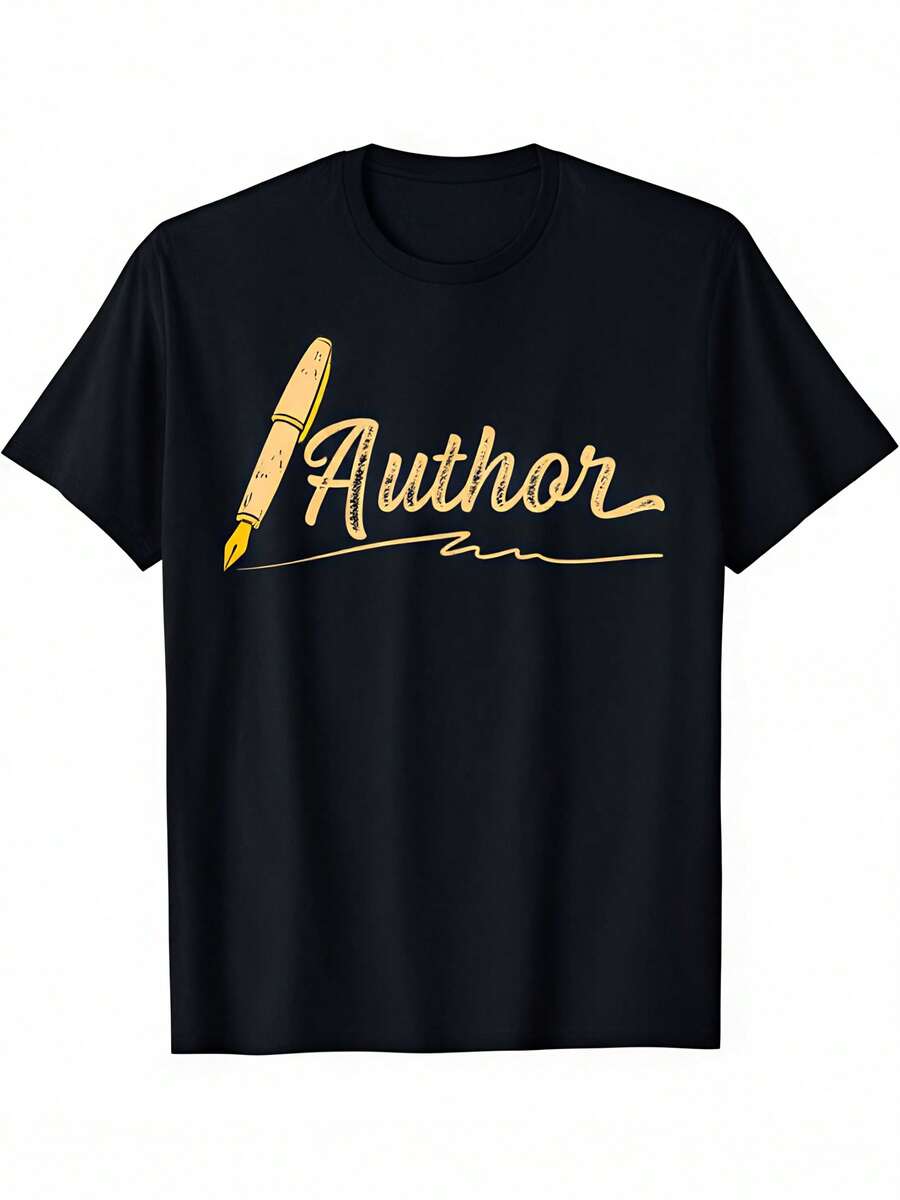 Unisex Cotton T-Shirt | 'Stationery'-Design With Pen Graphic | Casual Round Neckline, Short Sleeves | All-Year-Round Comfort Fit | Machine Washable & For Chemical Cleaning | Ideal For Book Lovers & Writers - 黑色 - 查看 1
