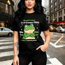Camiseta de mujer con estampado divertido de rana gruñona que golpea a los subs - diseño gráfico con texto en inglés "My spirit animal Is A Grumpy FROG Who Slaps FROG Subs", estilo urbano y casual, ajuste cómodo y fresco, ideal para paseos por la ciu - Negro - Ver 8