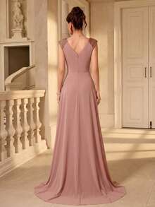 UNITHORSE V-Neck Ruffle Leaf Mesh Patchwork Party Evening Dress (Random Cut), Bridal Gown, Birthday Dress, Graduation Dress, Formal Dress, Bridesmaid Dress Wedding Spring - 藕粉色 - 查看 3