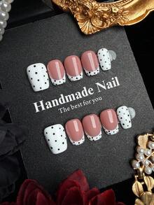 10pcs Short Square Handmade Press-On Nails, Cute Nude Color With Classic French Tip And Polka Dot Design, Smooth Glossy Acrylic Fake Nails Set, Suitable For Women's Daily Wear - Multicolor - View 3
