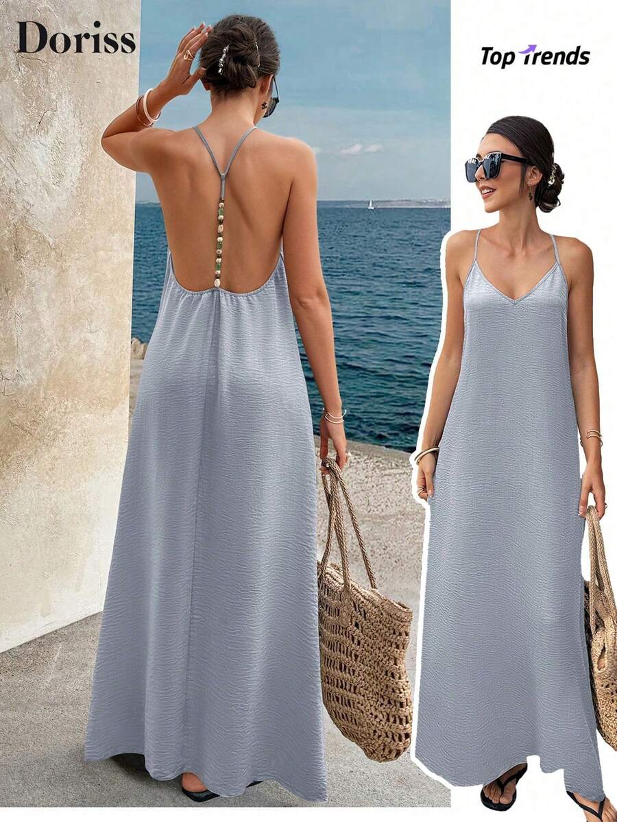 Vestido largo elegante de mujer con tirantes finos, espalda descubierta y lentejuelas, adecuado para fiestas, bodas, playa y vacaciones, color negro, para verano - Azul - Ver 1