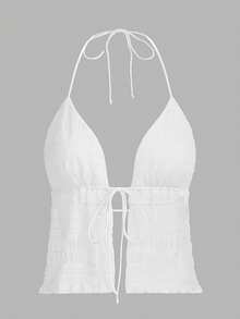 ICON Backless Mesh Halter Top With Split Tie Hem, Style Y2K - White - View 1