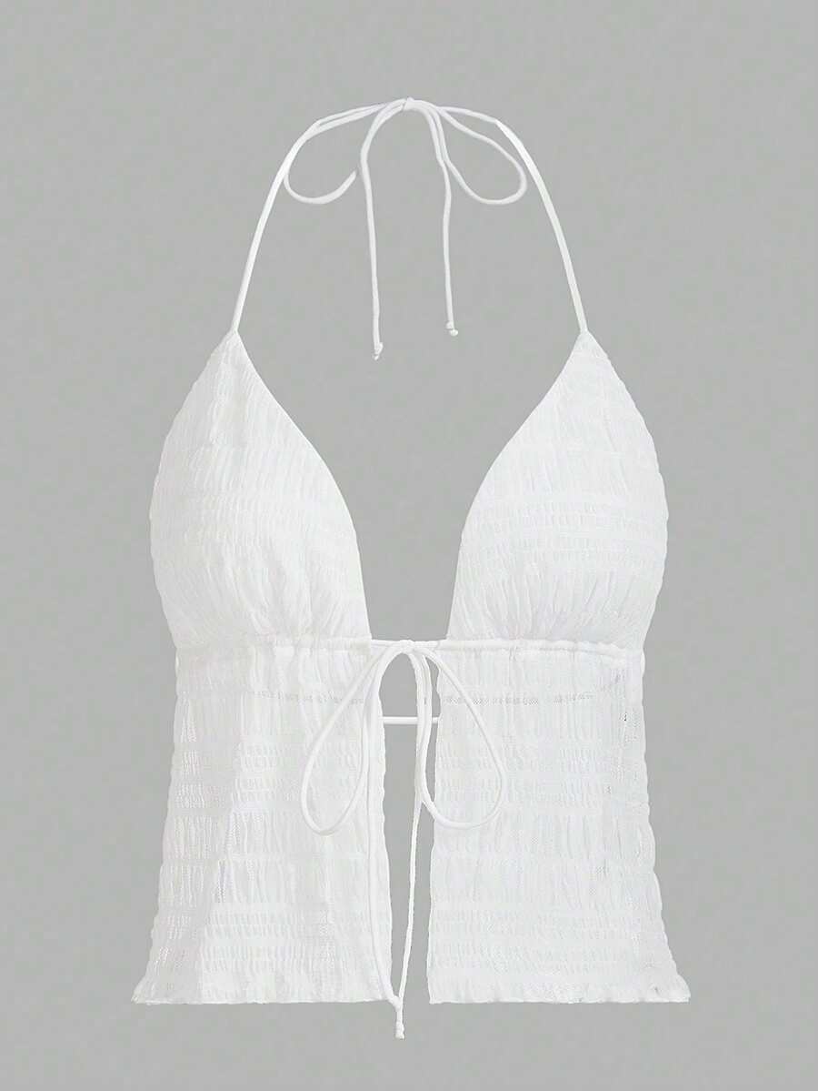 ICON Backless Mesh Halter Top With Split Tie Hem, Style Y2K - White - View 1