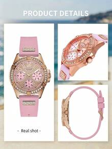 Guess Jam Tangan Multifungsi Wanita Warna Rose Gold, Tali Silikon Merah Muda, Bezel Bertabur Kristal, Dial Berlian Imitasi, Kronograf, Jam Tangan Wanita Berkilau yang Modis - Satu-Ukuran - View 6