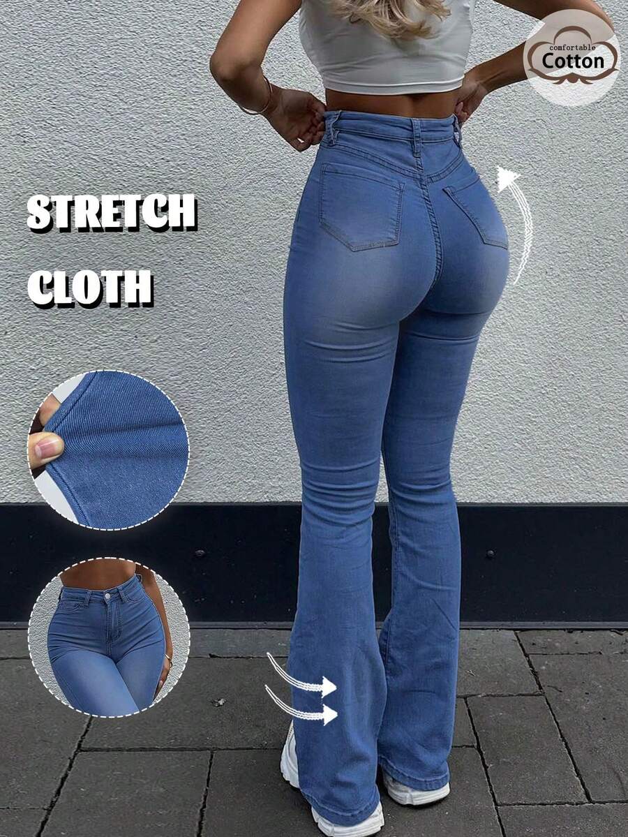GILIPUR Pantalones vaqueros acampanados estilo Y2K, pantalones vaqueros de tiro alto de ajuste delgado elegantes y casuales para mujer, de mezclilla elástica, de color azul profundo, moda callejera de primavera - Azul 2 - Ver 1