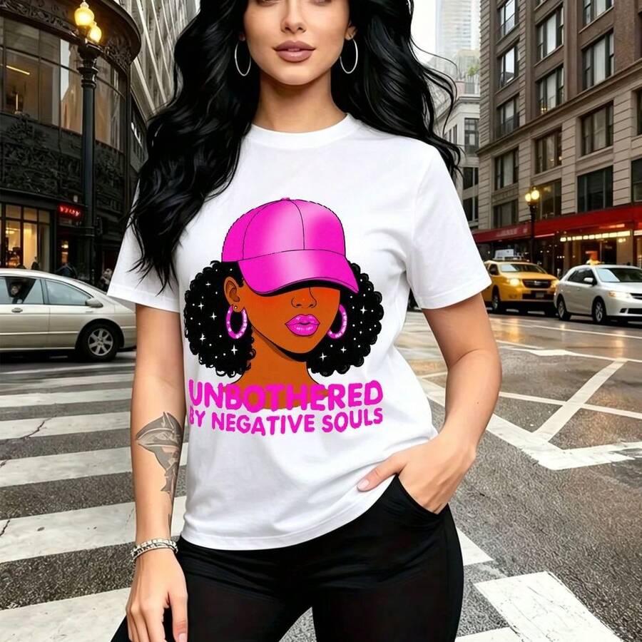 Camiseta de mujer con estampado gráfico de con gorra rosa y aretes grandes y texto "UNBOthered BY NEGATIVE SOULS" - diseño urbano con estilo asertivo, ajuste cómodo para uso diario - ideal para paseos por la ciudad, salidas casuales y reg - Blanco - Ver 1