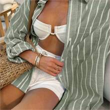 WNS  Camisa casual de mujer de un solo pecho con hombros caídos y mangas enrolladas a rayas - Amarillo - Ver 6