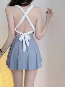 New Summer Collection Women's One-Piece Swimsuit, Two-Tone White X Blue, Cross Back, Ribbon Detail, Sexy, Beach, Pool, Swimming - Gray - View 9