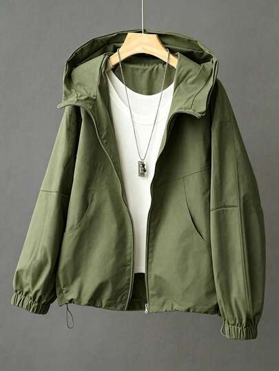 Women's Casual Hooded Loose Jacket, Military Style Windbreaker