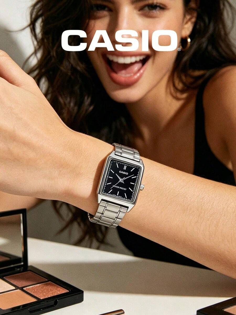 Casio 女款方形防水手錶,粉色放射狀錶盤,不鏽鋼錶帶,石英機芯,可愛美學Y2K風格長方形女士休閒/日常/禮品手錶 - 黑色 - 查看 1