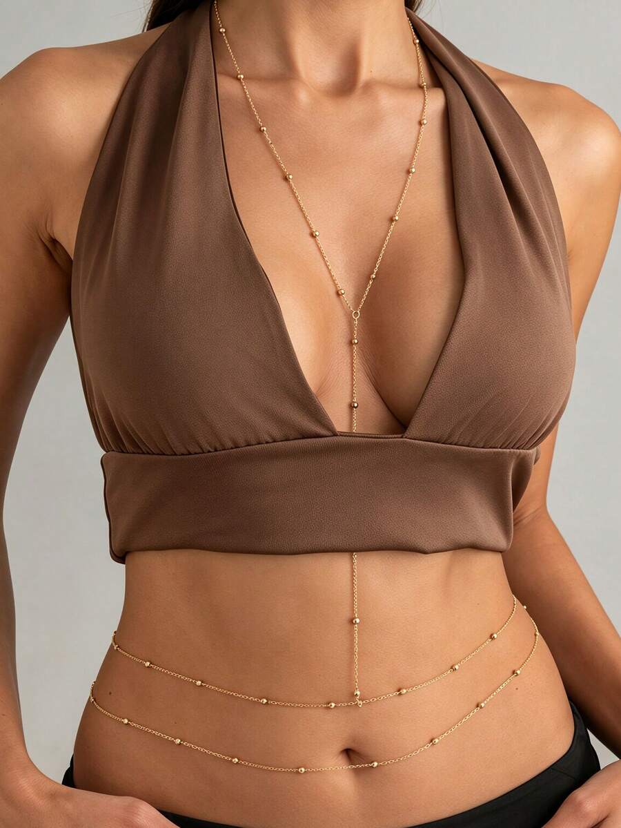 HOTNICE 女款身體鍊,性感分層腹部腰鍊比基尼胸罩身體飾品,夏季海灘水鑽水晶珠女飾配件 - 金色 - 查看 1