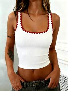 Camiseta de tirantes de punto acanalado para mujer, estilo ajustado con ribete de color contrastante, blanco verano - Blanco - Ver 3