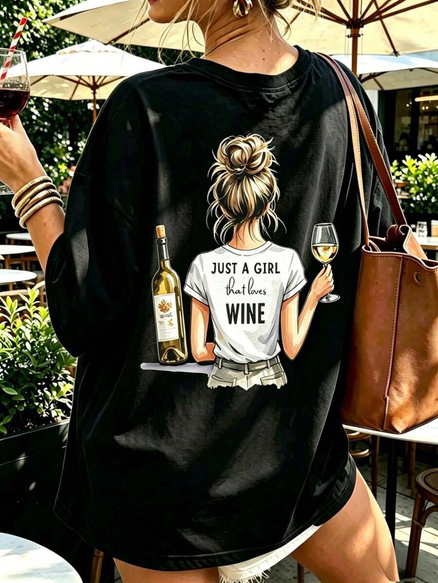 Áo thun graphic dáng rộng phong cách casual 2026 "Just A Girl Who Loves To Drink", tay ngắn, phong cách Âu Mỹ, màu đen, mùa hè - màu đen - Xem 1