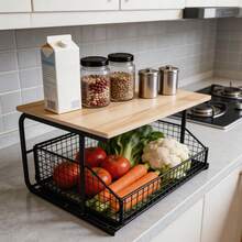 2-Tier Kitchen Countertop Organizer, Wood-Top Storage Rack With Wire Basket Drawer, Space-Saving Pantry Shelf For Vegetables, Snacks & Food Containers - View 2