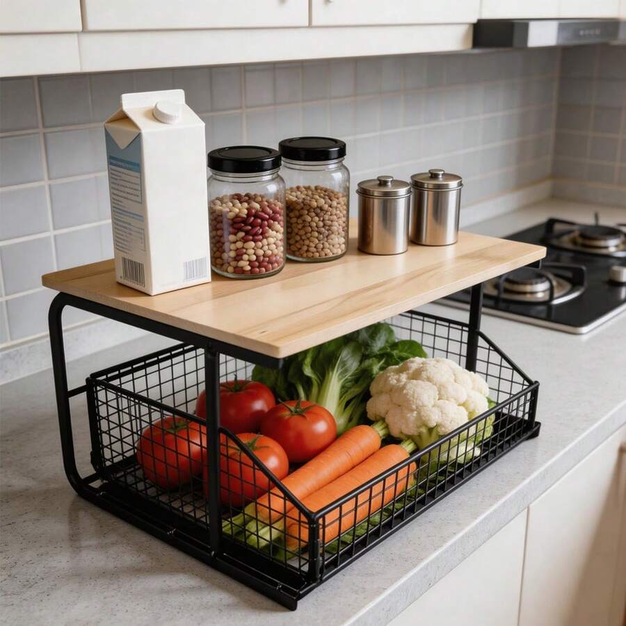 2-Tier Kitchen Countertop Organizer, Wood-Top Storage Rack With Wire Basket Drawer, Space-Saving Pantry Shelf For Vegetables, Snacks & Food Containers
