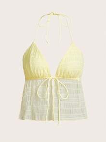 ICON Top halter de malla sin espalda con lazo dividido en el dobladillo, estilo Y2K - Mostaza Amarilla - Ver 1