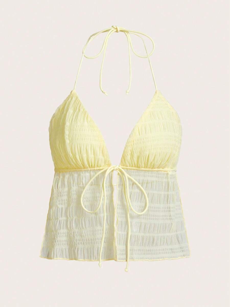 ICON Top halter de malla sin espalda con lazo dividido en el dobladillo, estilo Y2K - Mostaza Amarilla - Ver 1