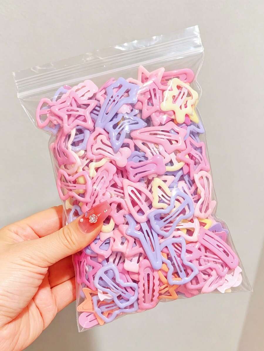10/20/50入 女孩粉紫色五角星心形蝴蝶長方形流星熊髮夾 頭飾瀏海夾 簡約可愛亮面星星BB夾 學生禮物 日常使用髮飾 - 彩色 - 查看 1