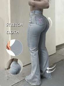 GILIPUR Jeans acampanados de talle alto estilo Y2K, pantalones de mujer de unicolor elásticos y elegantes, pantalones vaqueros con estampado de copos de nieve de uso casual - Azul 4 - Ver 1