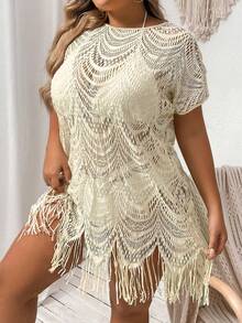 Vestido de túnica sin conjunto de bikini con flecos y calado para tallas grandes para el verano - Beis - Ver 1