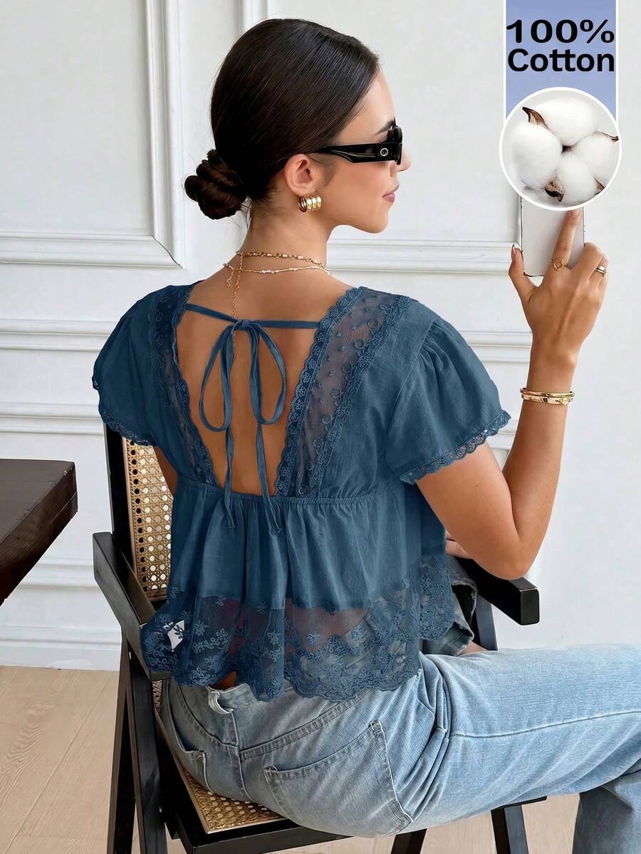Nuevo 2026 Blusa suelta de unicolor con contraste de encaje y lazo en la espalda para mujer - Azul - Ver 1