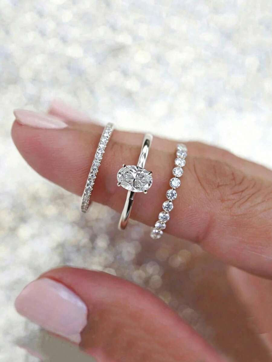 CVNANA 3件組女性用銅製橢圓形CZ鋯石戒指套組，可疊戴手指環，婚戒，優雅極簡風格，適合日常配戴、訂婚與送禮 - A - 查看 1