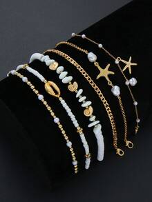 Set Gelang Kaki 6 Buah Elegan Seksi Bergaya Bohemian dengan Motif Bintang Laut, Kerang, Kupu-kupu, dan Hati, Cocok untuk Pantai, Pesta, Kencan, Perjalanan, Pemotretan, Paduan Harian, Kombinasi Serbaguna Baru untuk Musim Panas - Kuning Emas 5 - View 2