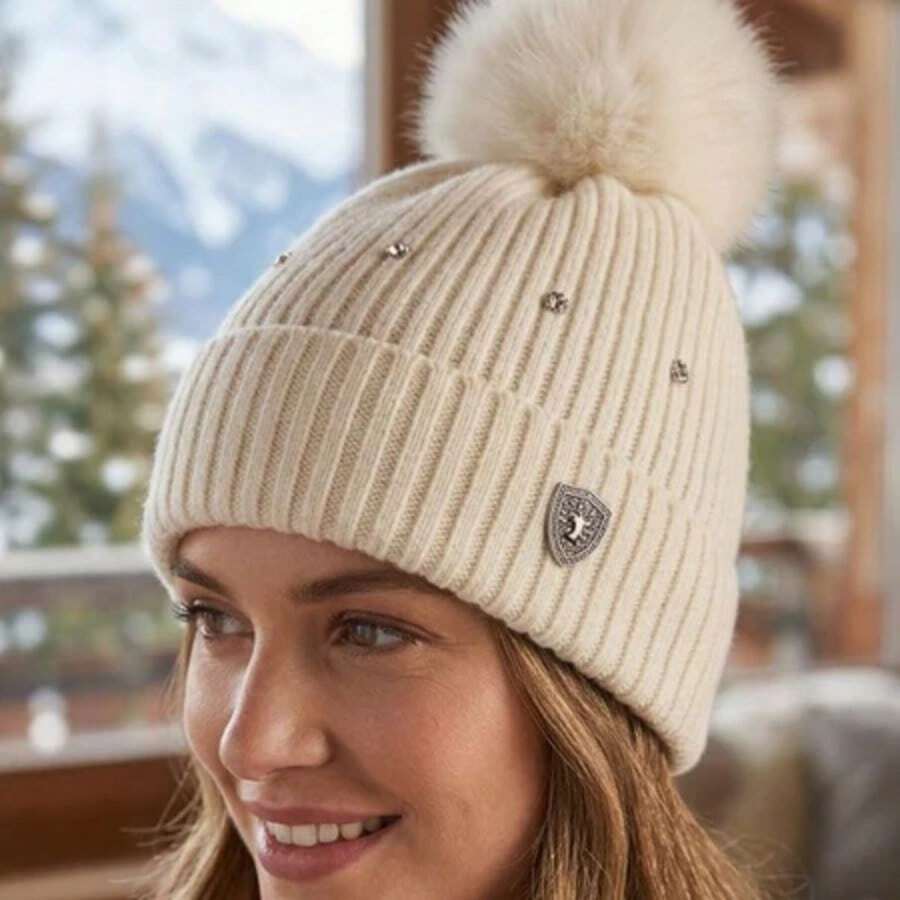 Touca Feminina Com Brilho Inverno Térmica Antialérgica Forrada Com Pompom Fofo Elegante e Quentinha - MYA-40 branco com detalhe - Visão 1