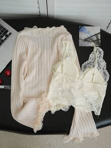 2026 Lace 2-Piece Set, V-Neck Lace Camisole + Ruffled Button Knit Cardigan Suit, Gentle Style Knit Outfit For Young Ladies, Suitable For Spring/Summer Daily Wear, Dates, Afternoon Tea - Apricot - View 9