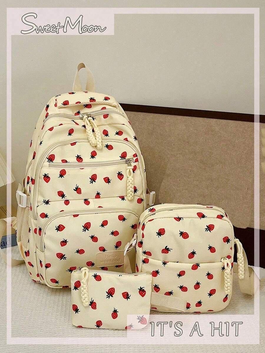 3件套白色尼龙休闲清新草莓、蝴蝶结、樱桃印花提花抽绳拉链背包套装,可折叠大容量多口袋包,适合女性、学生、日常使用、上学、旅行 - 白色 - 查看 1