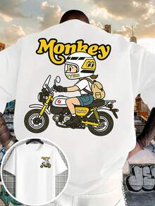 2026 Nouveau T-shirt pour hommes : simple, terreux, couleur unie, ajustement épaule régulier. Caractéristiques d'un motif de motocycliste de bande dessinée et d'une impression "singe" jaune imprimée à l'avant et à l'arrière. Impression recto-verso pour un look moulant ! Un article de première nécessité ! - Blanc - Voir 2