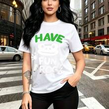 Camiseta de mujer con estampado divertido de rana "Have Fun Frog" en color verde y blanco - camiseta casual de manga corta con ajuste cómodo y estilo urbano vibrante, perfecta para paseos por la ciudad, salidas entre amigas o un día relajado - regalo - Blanco - Ver 7
