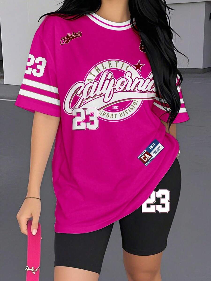 Conjunto de camiseta y pantalones cortos de ciclista con estampado gráfico de número 13 y eslogan, de moda casual para mujer - Multicolor 14 - Ver 1