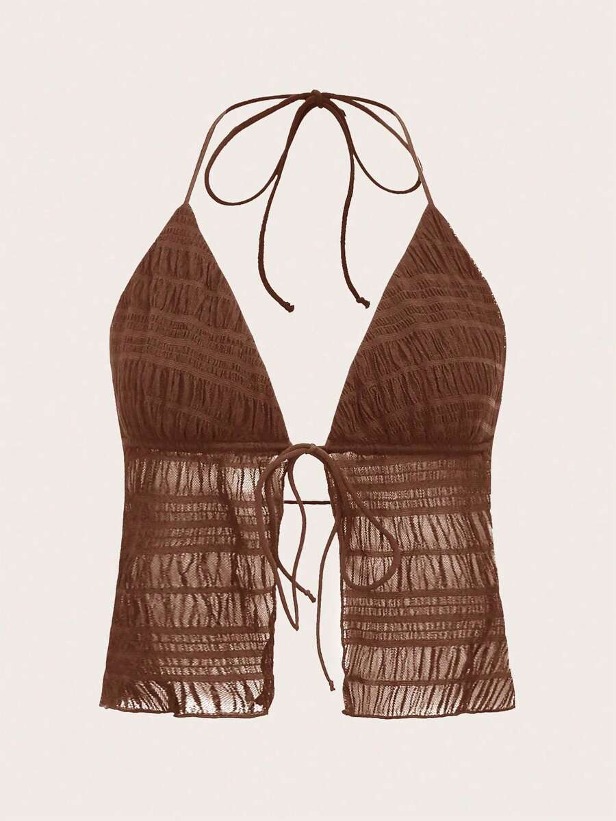 ICON Backless Mesh Halter Top With Split Tie Hem, Style Y2K - Whole Grain Coffee - View 1
