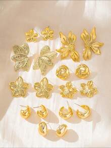 6/18pcs Gold Flower & Teardrop Earring Set, Elegant Versatile Earrings For Dates, Work And Multiple Occasions - Gold - View 2