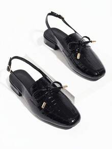 Giày bệt nữ Slingback mũi tròn thắt nơ quai sau, gót khối thấp thoải mái, giày Mule đen cho đi làm, dự tiệc, đi chơi - màu đen - Xem 4