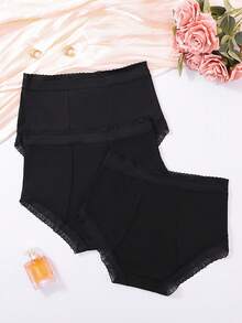 3pcs Women's Solid Color Lace Patchwork Seamless Breathable Menstrual Period Panties, Comfortable & Stretchy Briefs For Home Wear - Black - View 7