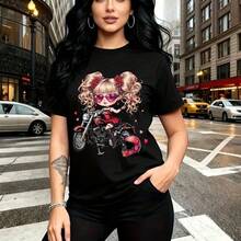 Camiseta de mujer con estampado de chica cartoon motociclista con coletas y gafas rosas - camiseta holgada de manga corta, ajuste cómodo y fresco, estilo urbano y divertido para el día a día - ideal para paseos en la ciudad, reuniones casuales y rega - Negro - Ver 11