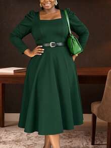 Women's Mid-Length Dress With Puff Sleeves, Square Neckline, Elegant Swing Robe, Solid Color, Elegant Fabric Belt, Suitable For Office, Casual, Work, Spring, Autumn, Winter - Dark Green - View 1