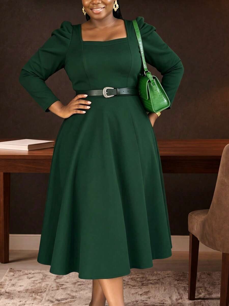 Women's Mid-Length Dress With Puff Sleeves, Square Neckline, Elegant Swing Robe, Solid Color, Elegant Fabric Belt, Suitable For Office, Casual, Work, Spring, Autumn, Winter - Dark Green - View 1